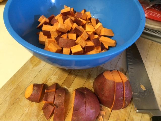 Cubed sweet potato in bowl (Abstract Art)